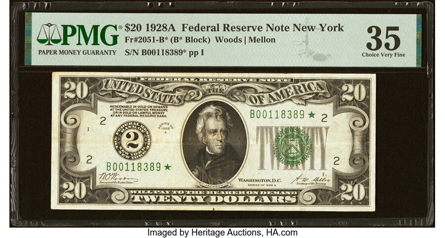 image for: Fr. 2051-B* $20 1928A Federal Reserve Star Note. PMG Choice Very Fine 35....