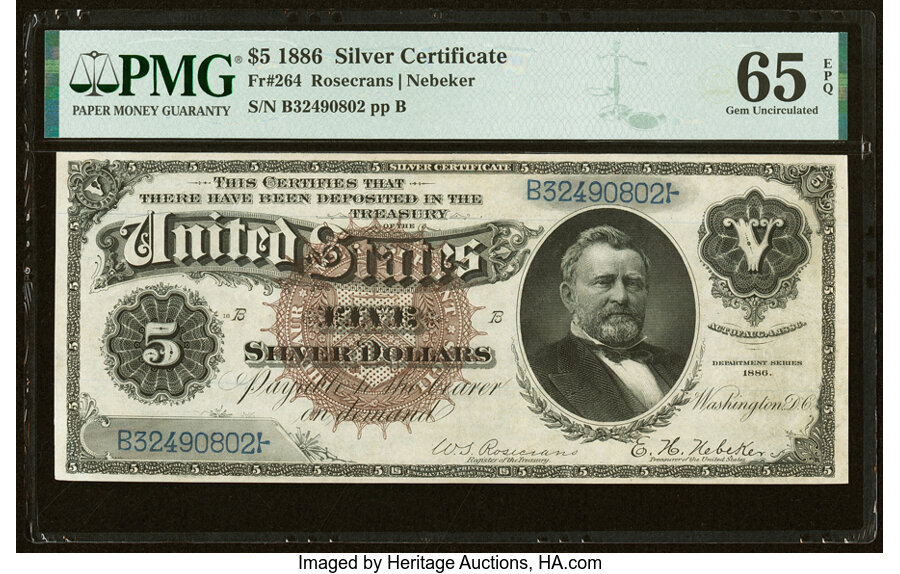 image for: Fr. 264 $5 1886 Silver Certificate PMG Gem Uncirculated 65 EPQ....