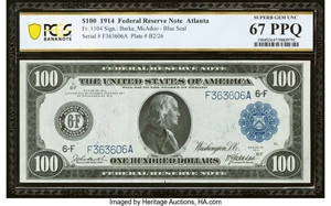 image for: Fr. 1104 $100 1914 Federal Reserve Note PCGS Banknote Superb Gem Unc 67 PPQ....