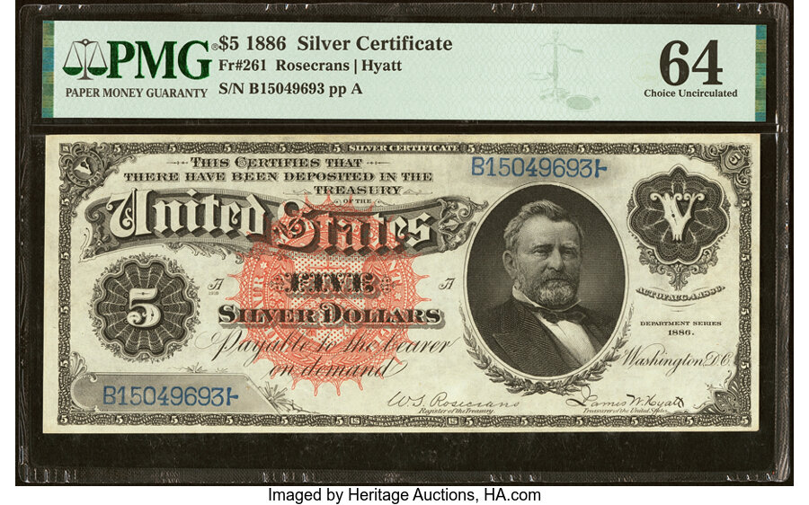 image for: Fr. 261 $5 1886 Silver Certificate PMG Choice Uncirculated 64....