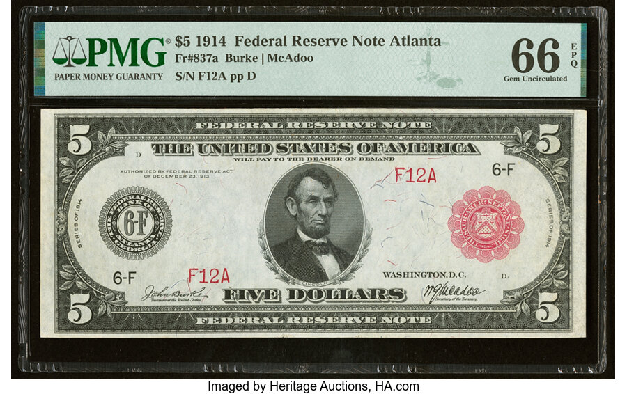 image for: Fr. 837a $5 1914 Red Seal Federal Reserve Note PMG Gem Uncirculated 66 EPQ....