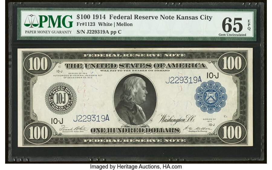 image for: Fr. 1123 $100 1914 Federal Reserve Note PMG Gem Uncirculated 65 EPQ....