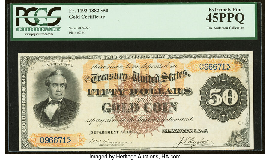 image for: Fr. 1192 $50 1882 Gold Certificate PCGS Extremely Fine 45PPQ....