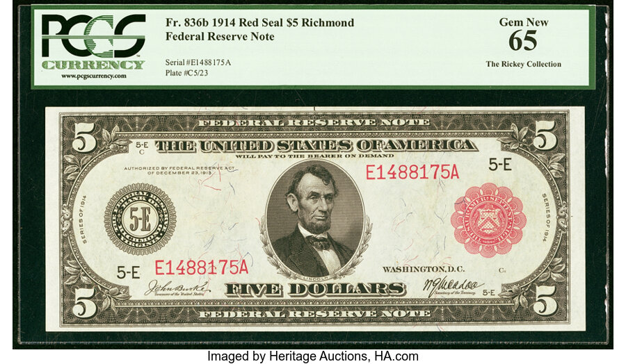 image for: Fr. 836b $5 1914 Red Seal Federal Reserve Note PCGS Gem New 65....