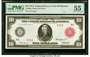 image for: Fr. 896a $10 1914 Red Seal Federal Reserve Note PMG About Uncirculated 55....