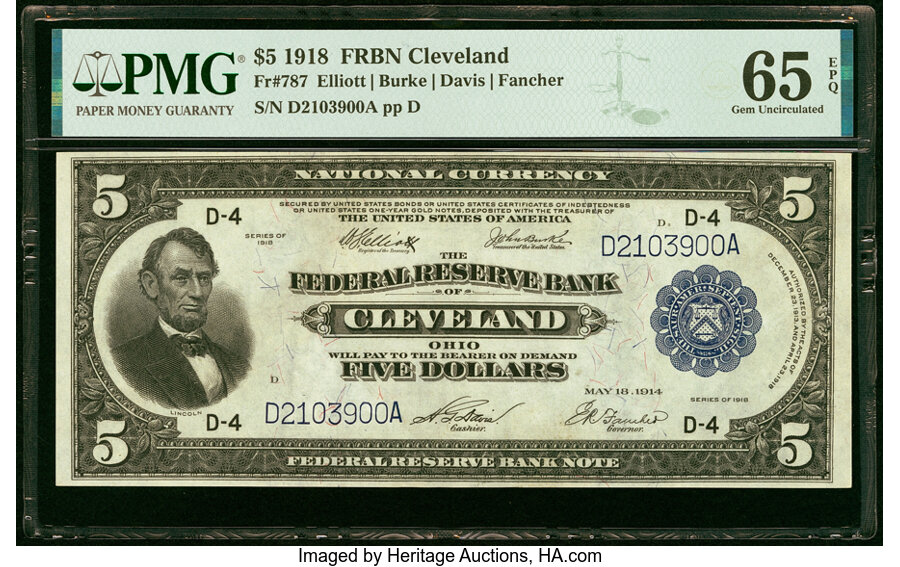 image for: Fr. 787 $5 1918 Federal Reserve Bank Note PMG Gem Uncirculated 65 EPQ....