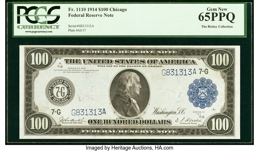 image for: Fr. 1110 $100 1914 Federal Reserve Note PCGS Gem New 65PPQ....