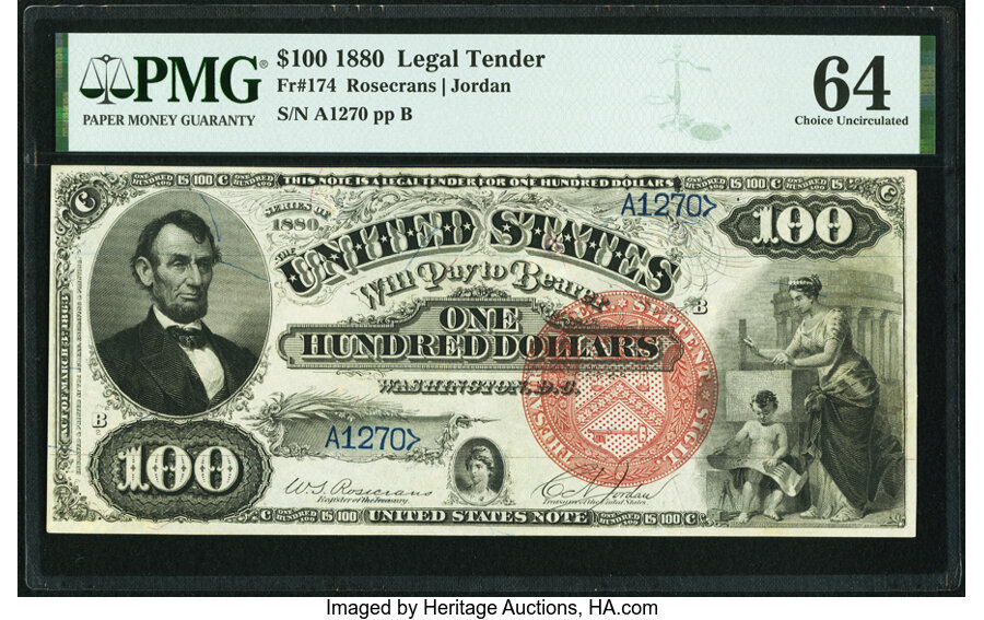 image for: Fr. 174 $100 1880 Legal Tender PMG Choice Uncirculated 64....