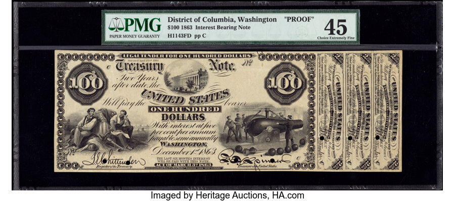 image for: Fr. 204 Hessler 1143FD 1863 $100 Interest Bearing Note Face Proof PMG Choice Extremely Fine 45....