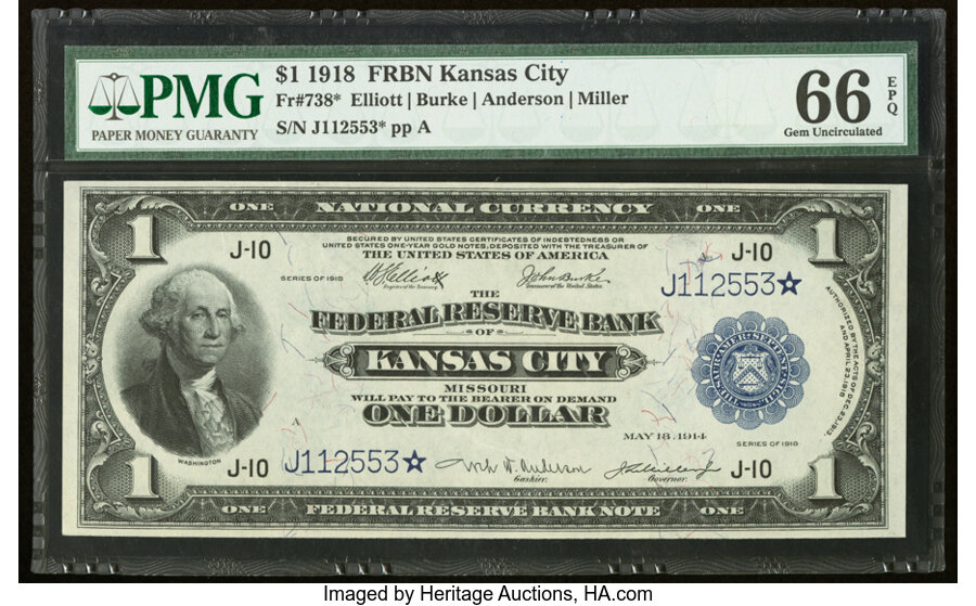 image for: Fr. 738* $1 1918 Federal Reserve Bank Star Note PMG Gem Uncirculated 66 EPQ....
