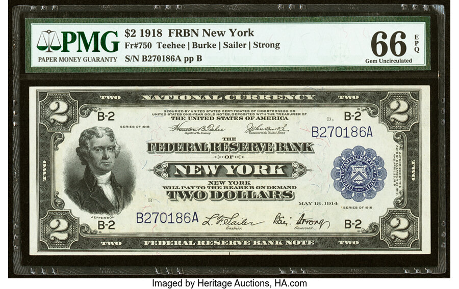 image for: Fr. 750 $2 1918 Federal Reserve Bank Note PMG Gem Uncirculated 66 EPQ....