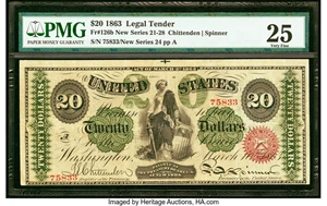 image for: Fr. 126b $20 1863 Legal Tender PMG Very Fine 25....