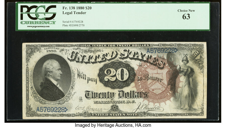 image for: Fr. 138 $20 1880 Legal Tender PCGS Choice New 63....