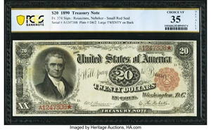 image for: Fr. 374 $20 1890 Treasury Note PCGS Banknote Choice VF 35 Details....