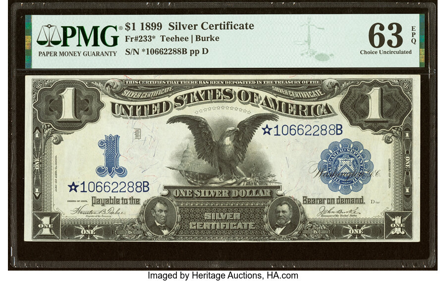 image for: Fr. 233* $1 1899 Silver Certificate Star PMG Choice Uncirculated 63 EPQ....