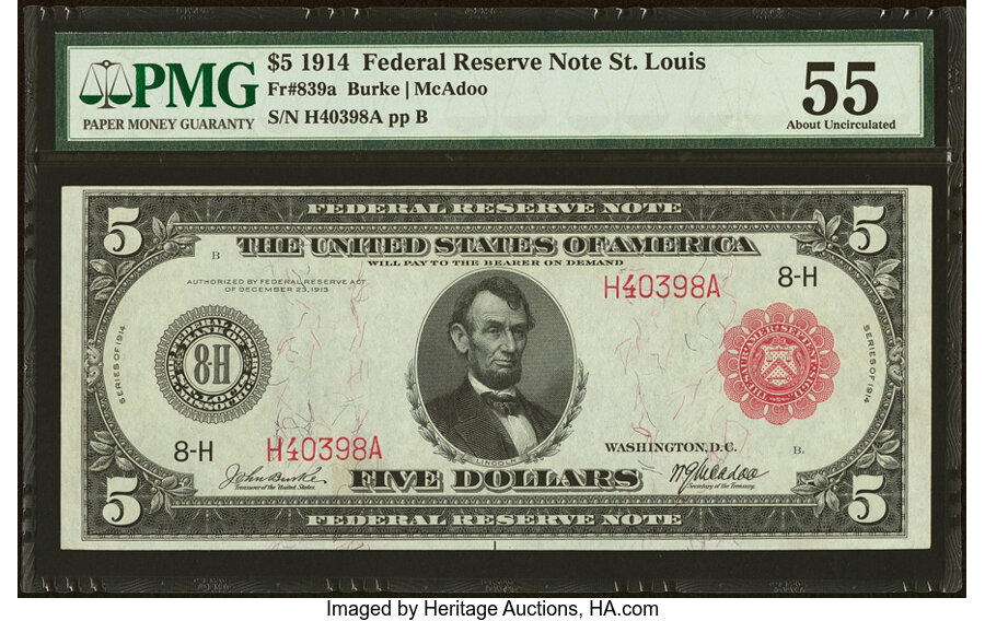 image for: Fr. 839a $5 1914 Red Seal Federal Reserve Note PMG About Uncirculated 55....