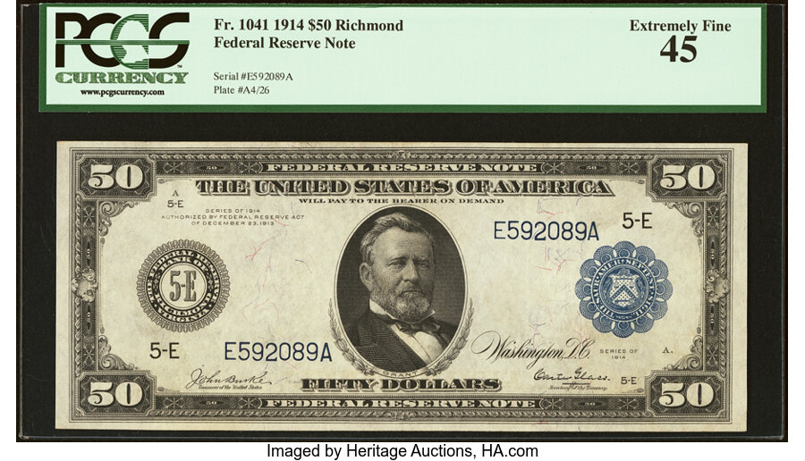 image for: Fr. 1041 $50 1914 Federal Reserve Note PCGS Extremely Fine 45....