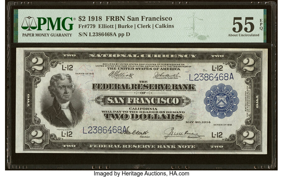 image for: Fr. 779 $2 1918 Federal Reserve Bank Note PMG About Uncirculated 55 EPQ....