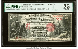 image for: Nantucket, MA - $5 1875 Fr. 401 The Pacific National Bank Ch. # 714 PMG Very Fine 25....