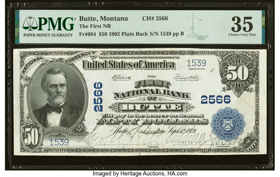 image for: Butte, MT - $50 1902 Plain Back Fr. 684 The First National Bank Ch. # 2566 PMG Choice Very Fine 35....