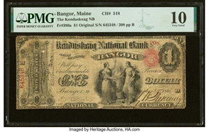 image for: Bangor, ME - $1 Original Fr. 380a The Kenduskeag National Bank Ch. # 518 PMG Very Good 10....