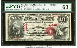 image for: Charlestown, MA - $10 1875 Fr. 417 The Monument National Bank Ch. # 1005 PMG Choice Uncirculated 63 EPQ....