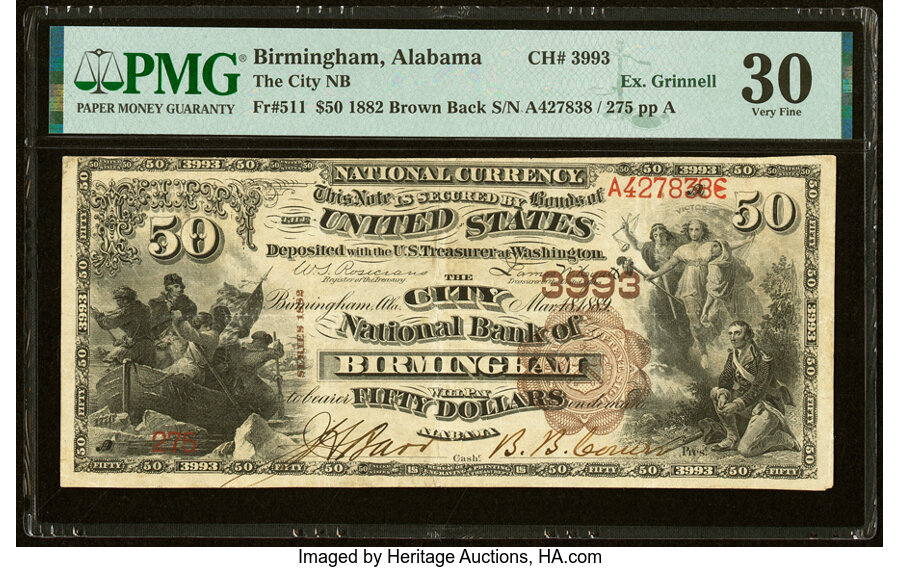 image for: Birmingham, AL - $50 1882 Brown Back Fr. 511 The City National Bank Ch. # 3993 PMG Very Fine 30....