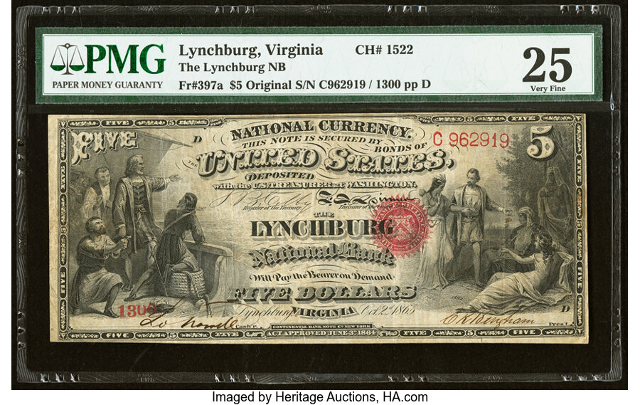 image for: Lynchburg, VA - $5 Original Fr. 397a The Lynchburg National Bank Ch. # 1522 PMG Very Fine 25....