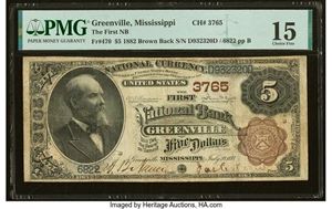 image for: Greenville, MS - $5 1882 Brown Back Fr. 470 The First National Bank Ch. # 3765 PMG Choice Fine 15....