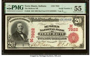 image for: Low Serial Number 2 Terre Haute, IN - $20 1902 Red Seal Fr. 640 The McKeen National Bank Ch. # (M)7922 PMG About Uncirculated ...