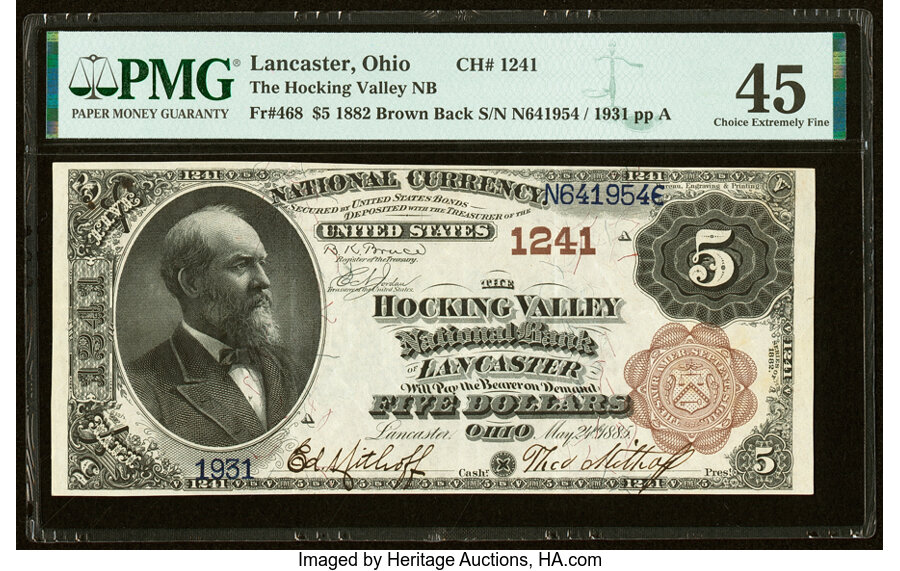 image for: Lancaster, OH - $5 1882 Brown Back Fr. 468 The Hocking Valley National Bank Ch. # 1241 PMG Choice Extremely Fine 45....