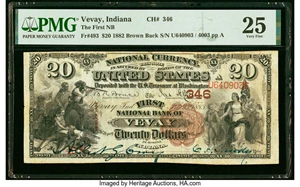 image for: Vevay, IN - $20 1882 Brown Back Fr. 493 The First National Bank Ch. # 346 PMG Very Fine 25....