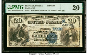 image for: Sheridan, IN - $20 1882 Value Back Fr. 583 The First National Bank Ch. # (M)5296 PMG Very Fine 20....