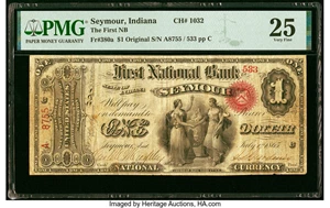 image for: Seymour, IN - $1 Original Fr. 380a The First National Bank Ch. # 1032 PMG Very Fine 25....