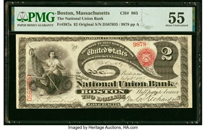 image for: Boston, MA - $2 Original Fr. 387a The National Union Bank Ch. # 985 PMG About Uncirculated 55....