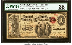 image for: New York, NY - $1 Original Fr. 380a The National Butchers & Drovers Bank Ch. # 1261 PMG Choice Very Fine 35....