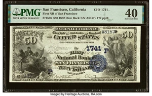image for: San Francisco, CA - $50 1882 Date Back Fr. 558 The First National Bank Ch. # (P)1741 PMG Extremely Fine 40....