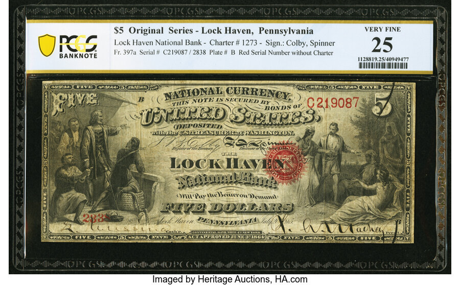 image for: Lock Haven, PA - $5 Original Fr. 397a The Lock Haven National Bank Ch. # 1273 PCGS Banknote Very Fine 25....