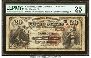 image for: Charlotte, NC - $20 1882 Brown Back Fr. 501 The Charlotte National Bank Ch. # (S)5055 PMG Very Fine 25....