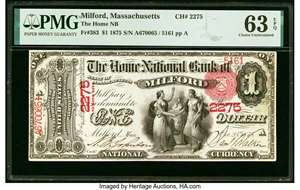 image for: Milford, MA - $1 1875 Fr. 383 The Home National Bank Ch. # 2275 PMG Choice Uncirculated 63 EPQ....