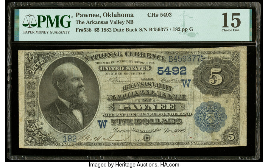 image for: Pawnee, OK - $5 1882 Date Back Fr. 538 The Arkansas Valley National Bank Ch. # (W)5492 PMG Choice Fine 15....