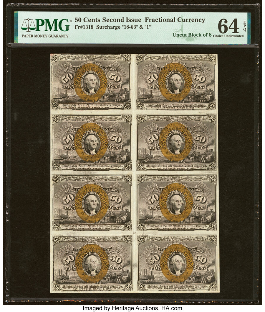 image for: Fr. 1318 50¢ Second Issue Uncut Block of Eight PMG Choice Uncirculated 64 EPQ....