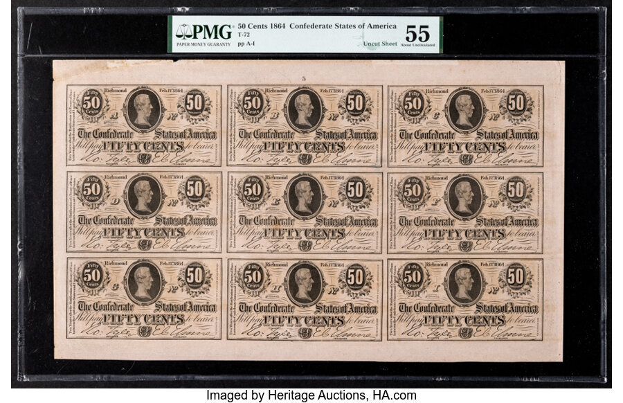 image for: T72 50 Cents 1864 PF-2 Cr. 579 Uncut Sheet of Nine PMG About Uncirculated 55....