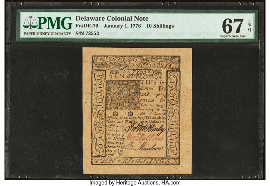 image for: Delaware January 1, 1776 10s PMG Superb Gem Unc 67 EPQ....