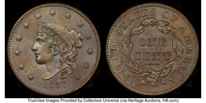 image for: 1837 1C Plain Cords, Medium Letters, N-7, N-8, R.1, MS64+ Brown PCGS. CAC. CAC Population: (0/2). Ex: Summer FUN Signat...