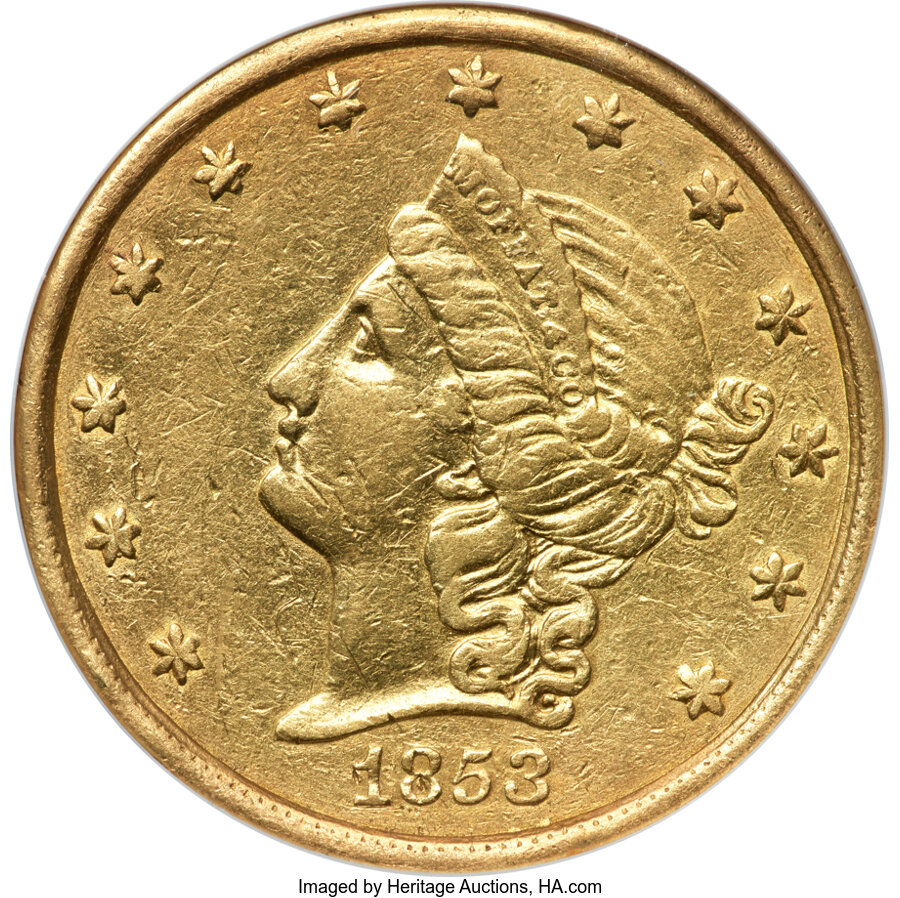 image for: 1853 $20 Moffat & Co. Twenty Dollar VF35 NGC. K-19, Low R.6....