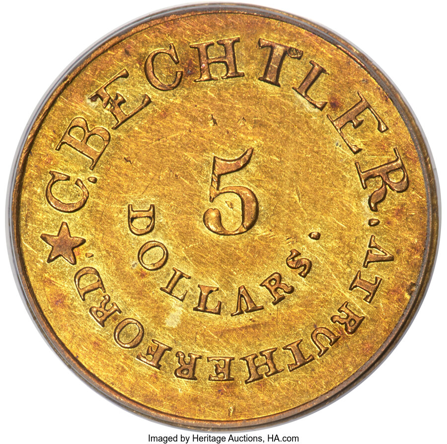 image for: (1835-37) $5 C. Bechtler Five Dollar, RUTHERFORD, Plain Edge, AU55 PCGS. K-17, R.4....