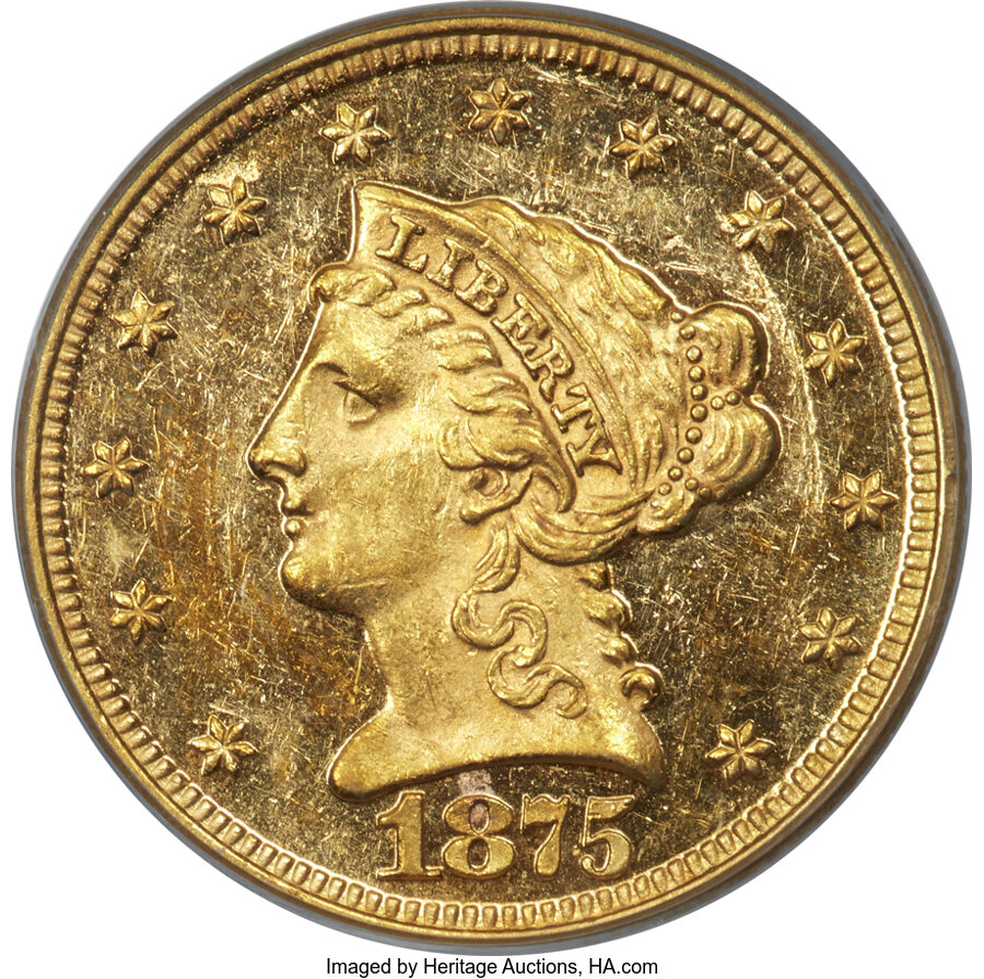 image for: 1875 $2 1/2 MS60 PCGS....