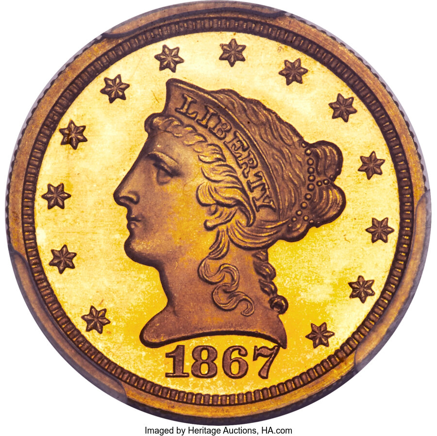 image for: 1867 $2 1/2 JD-1, High R.6, PR66+ Deep Cameo PCGS. CAC....