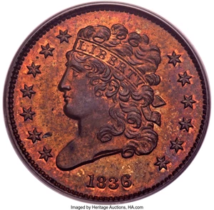 image for: 1836 1/2 C Original, B-1, Low R.5, PR65 Red and Brown PCGS. CAC....